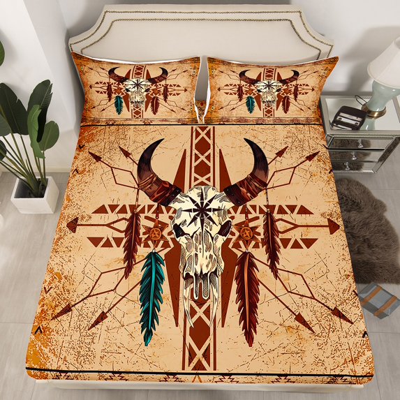 Manfei Bull Skull 3pcs Twin Sheet Sets,Bohemian Theme Twin Fitted Sheet,Boho Aztec Breathable Flat Sheet,Exotic Room Decor