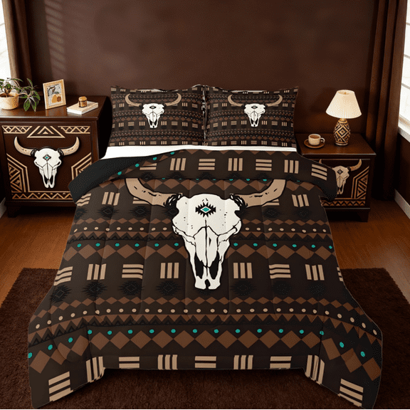 Manfei Bull Skull Queen Comforter Set,Boho Aztec Bedding Comforter Set For Boys Men,Western Cowboy Native Ethnic Horns Reversible 3 Pieces