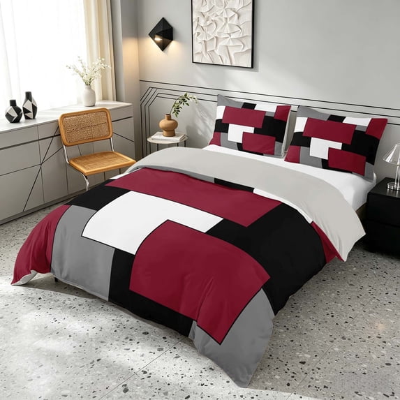 Manfei Burgundy Geometric Duvet Cover Queen, Abstract Plaid Queen Bedding, Black White Red Gray, Gray Reversible 3 Pieces, 1 Duvet Cover and 2 Pillowcases