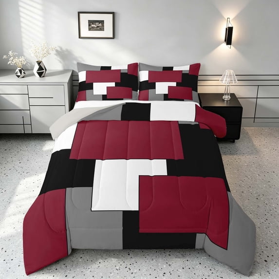 Manfei Burgundy Geometric Full Size Comforter Sets, Abstract Plaid Bedding Comforter Set, Black White Red Gray, Gray Reversible 3 Pieces, 1 Comforter and 2 Pillowcases