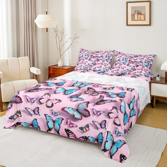 Manfei Butterfly Bed Sheets Set King Size,Multicolor Butterflies Bedding Sets King Size,Pink Blue Bed Sheets King,Lightweight Room Decoration,4 Pieces