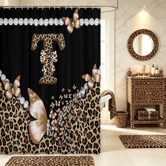 Manfei Butterfly Bowtie Monogram T Shower Curtain 72Wx78L,Leopard Print Bath Curtain,Black Brown