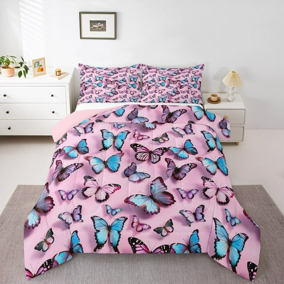 Manfei Butterfly Comforter Sets Queen Size,Multicolor Butterflies Comforters & Duvets,Pink Blue Bedding Queen Comforter Set,Lightweight Room Decoration Reversible,3-Piece