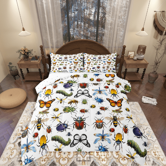 Manfei Butterfly Dragonfly Honeybee 2pcs Bedding Comforter Set,Colorful Insect Twin Comforter Sets,Animal Wildlife Breathable Bedding Set,Lightweight Abstract Room Decor,Reversible