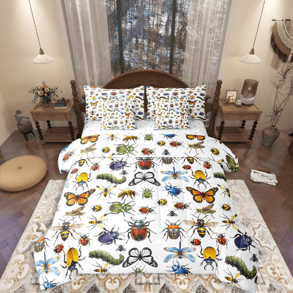 Manfei Butterfly Dragonfly Honeybee 7-Piece Twin Bedding Sets,Colorful Insect Bedding Comforter Set,Animal Wildlife Breathable Sheet Sets,Lightweight Abstract Room Decor,Reversible