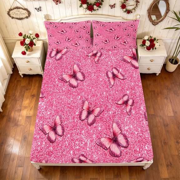 Manfei Butterfly Glitter Print Twin Fitted Sheet, Fashion Theme Bedding, Hot Pink, 2-Piece, 1 Fitted Sheet and 1 Pillowcase