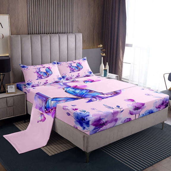 Manfei Butterfly Monogrammed D Queen Sheet Sets,Cute Flower Floral Flat Sheet,Modern Ink Aesthetic Queen Fitted Sheet For Girl Teens,Ultra Soft Bedroom Decor,4-Piece