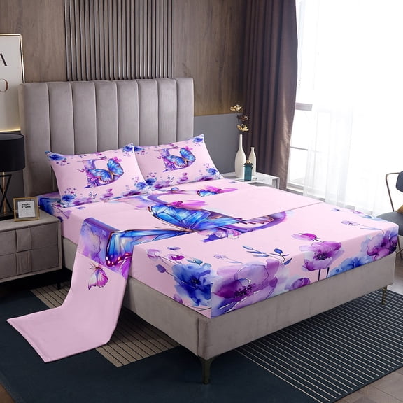 Manfei Butterfly Monogrammed D Twin Sheet Sets,Cute Flower Floral Twin Fitted Sheet,Modern Ink Aesthetic Flat Sheet For Girl Teens,Ultra Soft Bedroom Decor,3 Pieces