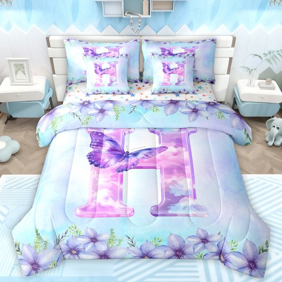 Manfei Butterfly Monogrammed H Bedding Comforter Set 7pcs, Dreamy Flower Floral Queen Bedding Sets, Fashion Blue Watercolor Reversible Queen Sheet Sets, Ultra Soft Bedroom Decor