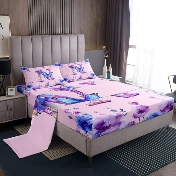 Manfei Butterfly Monogrammed N Full Size Sheets,Cute Flower Floral Bed Sheets,Modern Ink Aesthetic Sheet Sets For Girl Teens,Ultra Soft Bedroom Decor,4-Piece