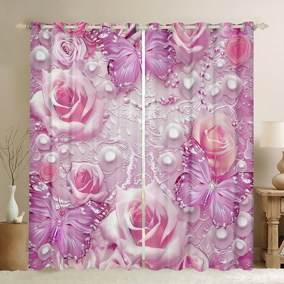 Manfei Butterfly Pearl Blossom Blackout Curtains Set of 2 (52x84 Each) for Girls, Chic Flower Window Curtains, Princess Pink Curtains and Drapes, Luxurious Room Decor