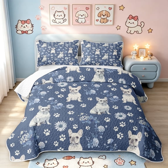 Manfei C French Bulldog Bed Spread Queen, Daisy Flower Queen Coverlet Set, Slate Blue, 3 Pieces, 1 Quilt and 2 Pillowcases