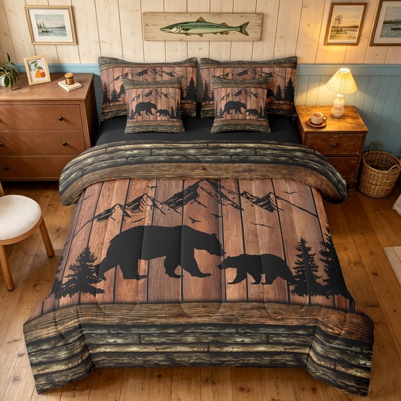 Manfei Cabin Bear Family Queen Bedding, Western Rustic Bedding Comforter Set Queen, Dark Brown, Black Reversible, 7 Pieces