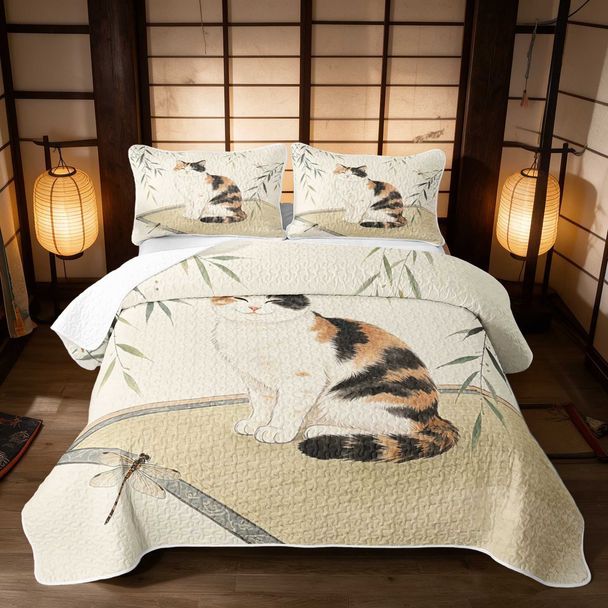 Manfei Calico Cat Quilt King, Bamboo Dragonfly King Coverlet Set, 3 ...