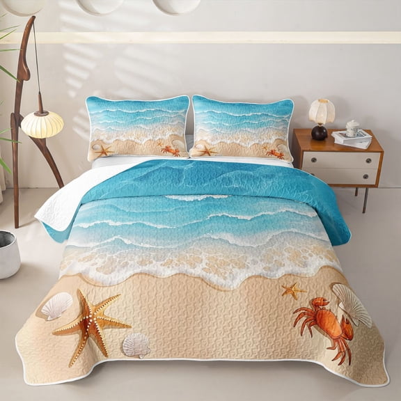 Manfei Calm Ocean Waves Bed Spread Queen,Golden Sand Queen Coverlet Set,3-Piece