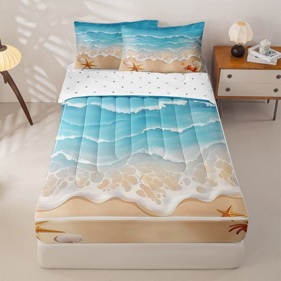Manfei Calm Ocean Waves Zipper Full Size Comforter Sets with Fitted Sheet and 2 Pillowcases,Golden Sand Zipper Bedding Set,Reversible,4pcs