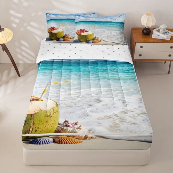Manfei Calm Ocean Waves Zipper Twin Comforter Sets with Fitted Sheet and 2 Pillowcases,Fresh Coconuts Zipper Bedding Set,White Blue,Reversible,4pcs