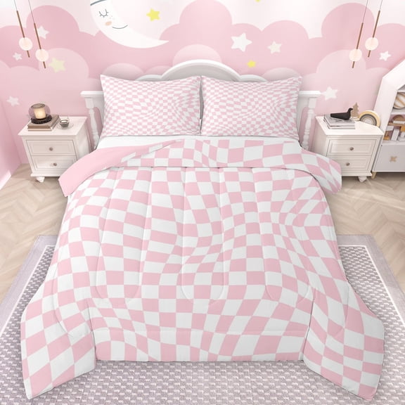Manfei Calssic Geometric Checkered Bedding Comforter Set,Vintage Grid Pattern Twin Comforter Sets,Pink White Bedding Set For Girl Teens,Ultra Soft Home Decor Reversible,2 Pieces