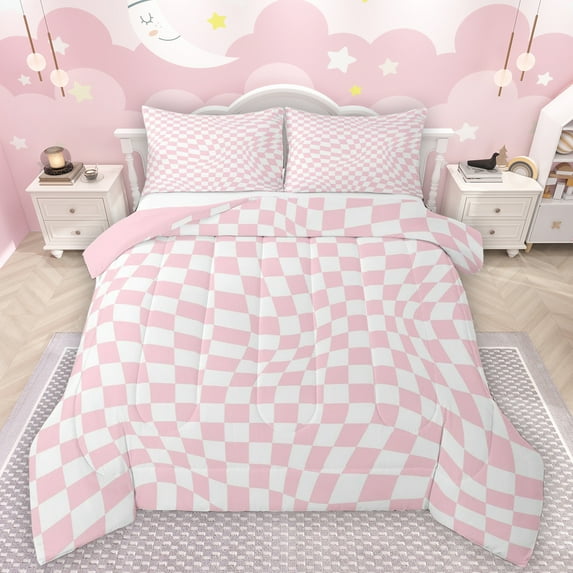 Manfei Calssic Geometric Checkered Full Size Comforter Sets,Vintage Grid Pattern Bedding Comforter Set,Pink White Bedding Sets For Girl Teens,Ultra Soft Home Decor Reversible,3pcs