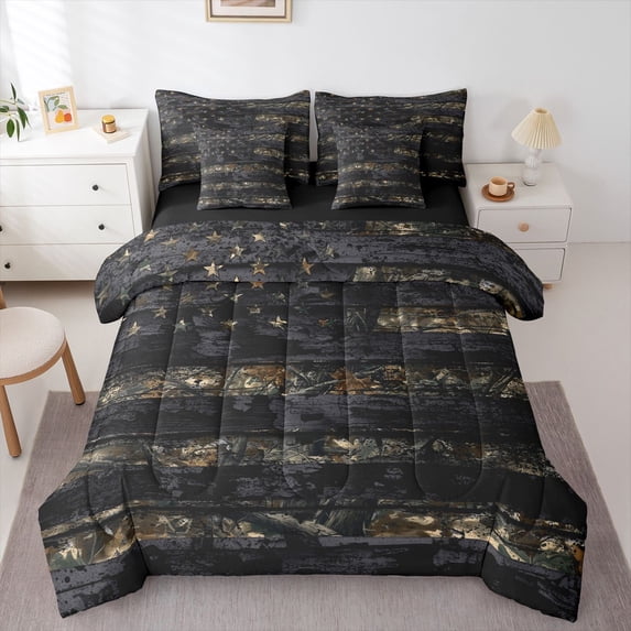 Manfei Camo American Flag 7-Piece Twin Bedding,Patriotic 4Th Of July Bedding Comforter Set,Black Reversible