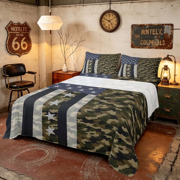 Manfei Camo American Flag Bed Sheets, Patriotic Camouflage Full Size Sheets, Army Green, Black Reversible 4-Piece (1 Flat Sheet, 1 Fitted Sheet and 2 Pillowcases)