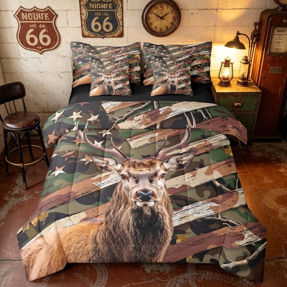 Manfei Camo American Flag Deer Full Size Bedding Sets, Hunting Wildlife Full Size Bed in a Bag, Green Brown Camo, Black Reversible 7pcs