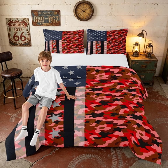 Manfei Camo American Flag Full Size Comforter Sets, Patriotic Camouflage Bedding Comforter Set, Red, Black Reversible 3 Pieces, 1 Comforter and 2 Pillowcases