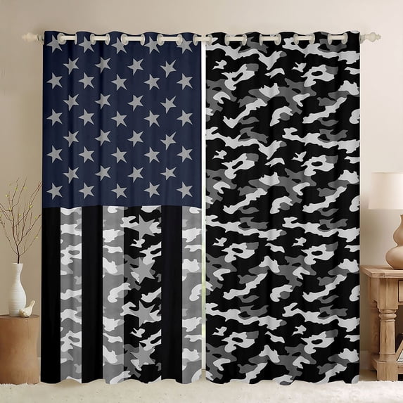 Manfei Camo American Flag Kitchen Curtains, Patriotic Camouflage Black Out Curtains Pack of 2 (42x63 Each), Black Gray