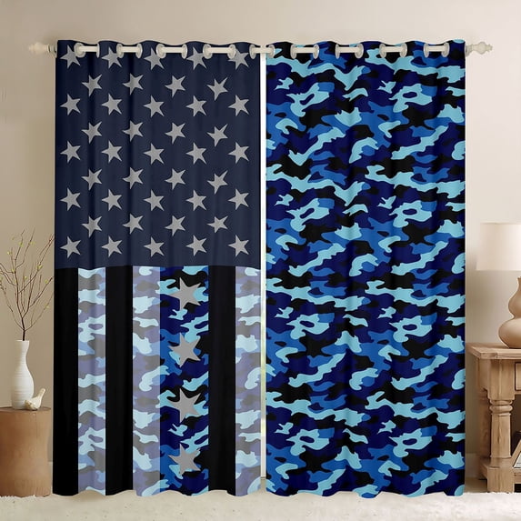 Manfei Camo American Flag Kitchen Curtains, Patriotic Camouflage Black Out Curtains Pack of 2 (42x63 Each), Dark Blue