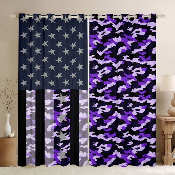 Manfei Camo American Flag Kitchen Curtains, Patriotic Camouflage Black Out Curtains Pack of 2 (42x63 Each), Purple