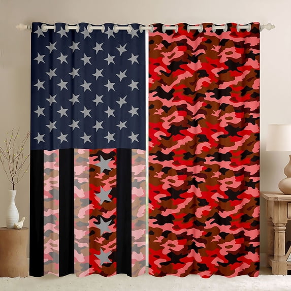 Manfei Camo American Flag Kitchen Curtains, Patriotic Camouflage Black Out Curtains Pack of 2 (42x63 Each), Red