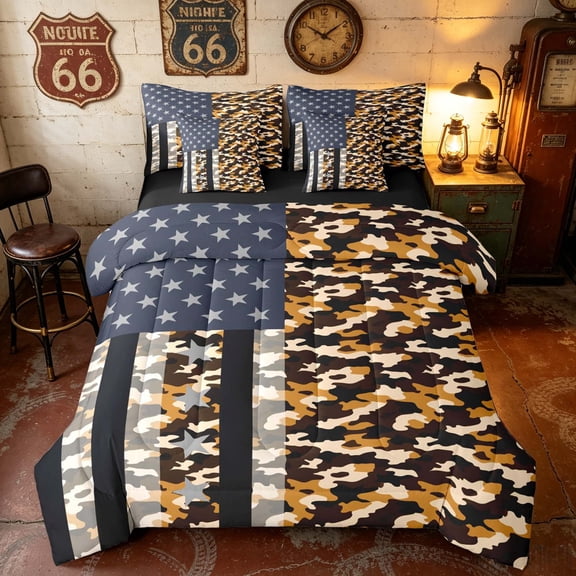 Manfei Camo American Flag Queen Bedding, Patriotic Camouflage Bedding Comforter Set Queen, Brown, Black Reversible 7pcs