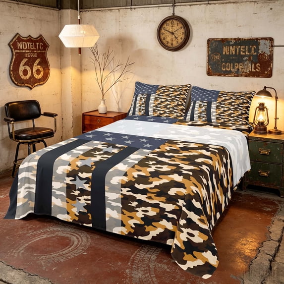 Manfei Camo American Flag Queen Sheets, Patriotic Camouflage Queen Sheet Sets, Brown, Black Reversible 4pcs (1 Flat Sheet, 1 Fitted Sheet and 2 Pillowcases)