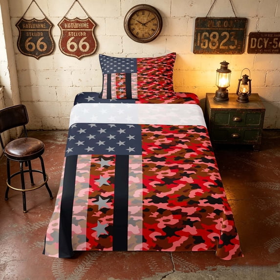 Manfei Camo American Flag Twin Sheets, Patriotic Camouflage Bedding, Red, Black Reversible 3pcs (1 Flat Sheet, 1 Fitted Sheet and 1 Pillowcase)