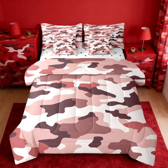 Manfei Camo 7-Piece Twin Bedding Sets,Rustic Outdoor Bedding Comforter Set,White Brown Red Sheet Sets For Kids,Luxury Bedroom Decor Reversible