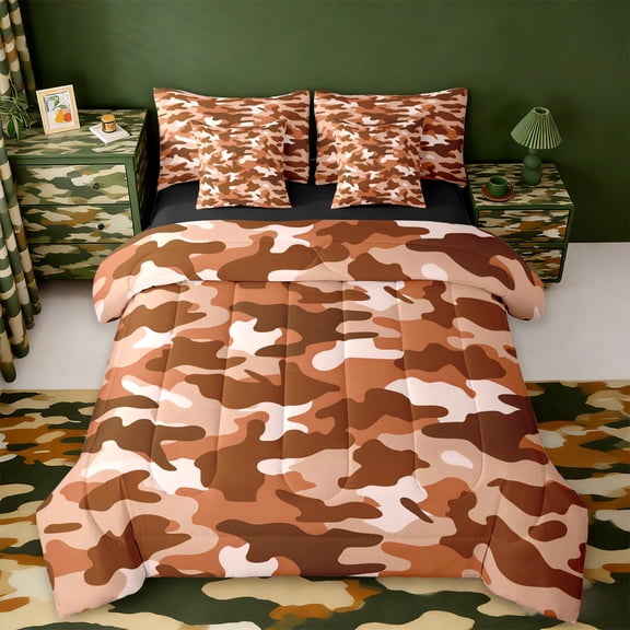 Manfei Camo 7pcs Bedding Comforter Set,Rustic Outdoor Queen Bedding Sets,Brown Camouflage Queen Sheet Sets For Kids,Luxury Bedroom Decor Reversible