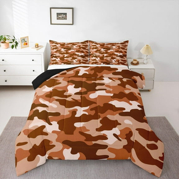 Manfei Camo Bedding Comforter Set,Rustic Outdoor Twin Comforter Sets,Brown Camouflage Bedding Set For Kids,Luxury Bedroom Decor Reversible,2 Pieces