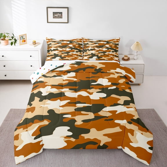 Manfei Camo Bedding Comforter Set,Rustic Outdoor Twin Comforter Sets,Orange Beige Bedding Set For Kids,Luxury Bedroom Decor Reversible,2-Piece