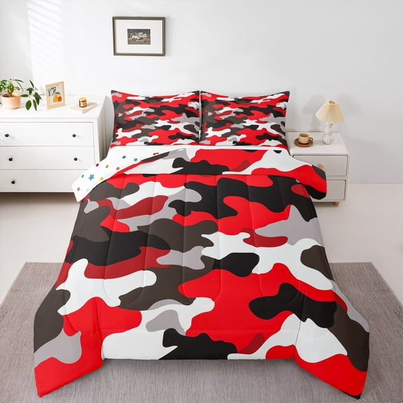 Manfei Camo Bedding Comforter Set,Rustic Outdoor Twin Comforter Sets,Red Gray Black Bedding Set For Kids,Luxury Bedroom Decor Reversible,2 Pieces