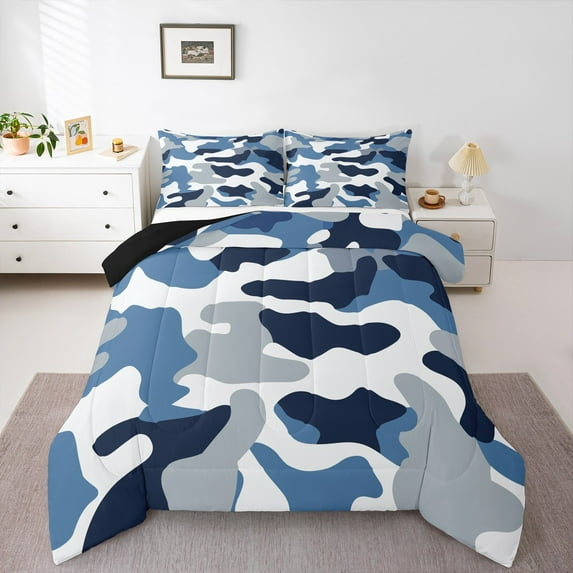 Manfei Camo King Size Comforter Sets,Rustic Outdoor Bedding Comforter Set,Blue Gray White Bedding Set For Kids,Luxury Bedroom Decor Reversible,3-Piece