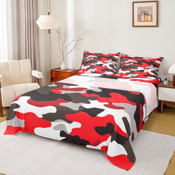 Manfei Camo Twin Sheet Sets,Rustic Outdoor Twin Fitted Sheet,Red Gray Black Flat Sheet For Kids,Luxury Bedroom Decor,3 Pieces