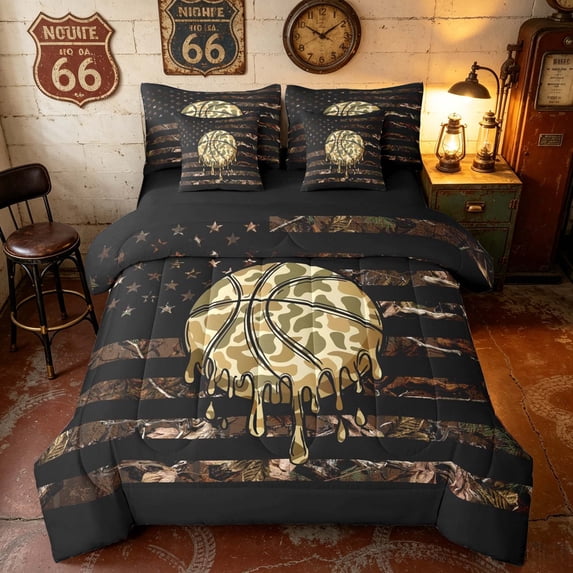 Manfei Camo Basketball US Flag Full Size Bedding Sets, Drip Sports Full Size Bed in a Bag, Brown Black, Black Reversible 7 Pieces