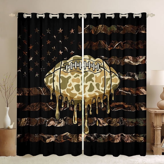 Manfei Camo Football US Flag Kitchen Curtains, Drip Sports Black Out Curtains Pack of 2 (42x63 Each), Brown Black