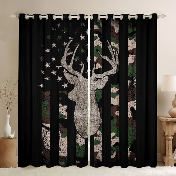 Manfei Camo Green Us Flag Kitchen Curtains,Hunting Deer Moose Black Out Curtains Pack of 2 (42x63 Each)