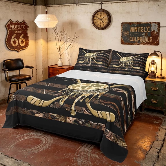 Manfei Camo Hockey Flag Queen Sheets, Drip Sports Queen Sheet Sets, Brown Black, Black Reversible 4 Pieces (1 Flat Sheet, 1 Fitted Sheet and 2 Pillowcases)