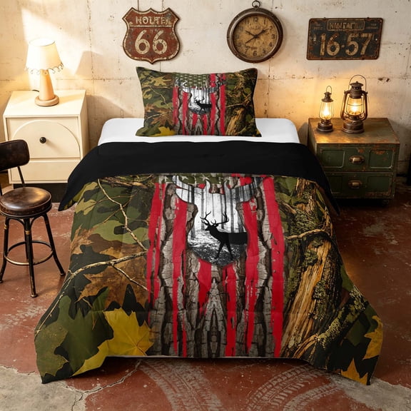 Manfei Camo Hunting Deer Twin Comforter Sets, American Flag Bedding Set, Green Brown Red, Black Reversible 2 Pieces, 1 Comforter and 1 Pillowcase