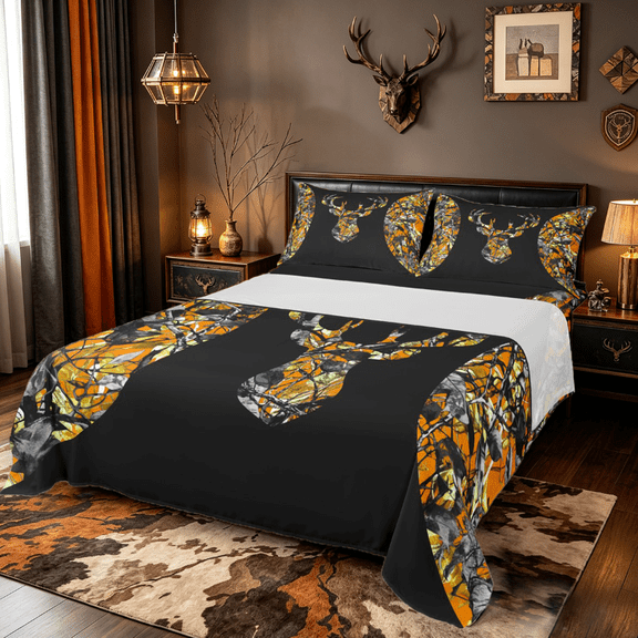Manfei Camo Hunting Twin Sheet Sets,Rustic Western Farmhouse Twin Fitted Sheet,Jungle Wildlife Deer Flat Sheet For Boys,Microfiber Bedroom Decor,3pcs