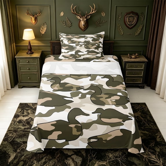 Manfei Camo Print Mallard Twin Sheets,Classic Camouflage Bedding,3pcs,1 Flat Sheet,1 Fitted Sheet and 1 Pillowcase