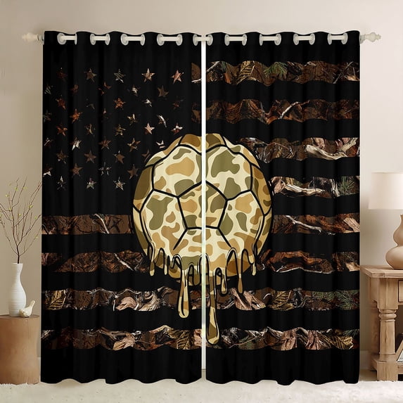 Manfei Camo Soccer Ball Flag Kitchen Curtains, Drip Sports Black Out Curtains Pack of 2 (42x63 Each), Brown Black