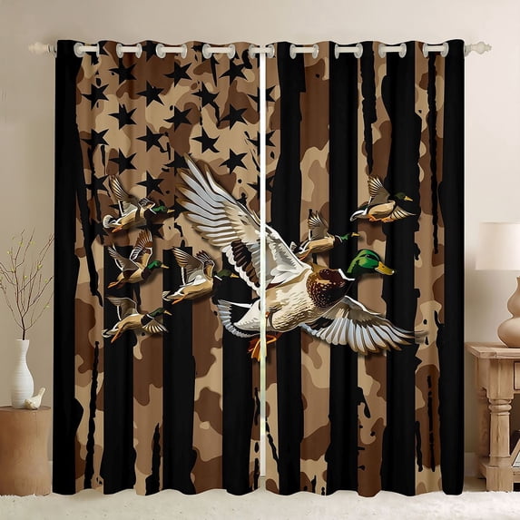 Manfei Camo US Flag Kitchen Curtains, Hunting Mallard Duck Black Out Curtains Pack of 2 (42x63 Each), Brown Black